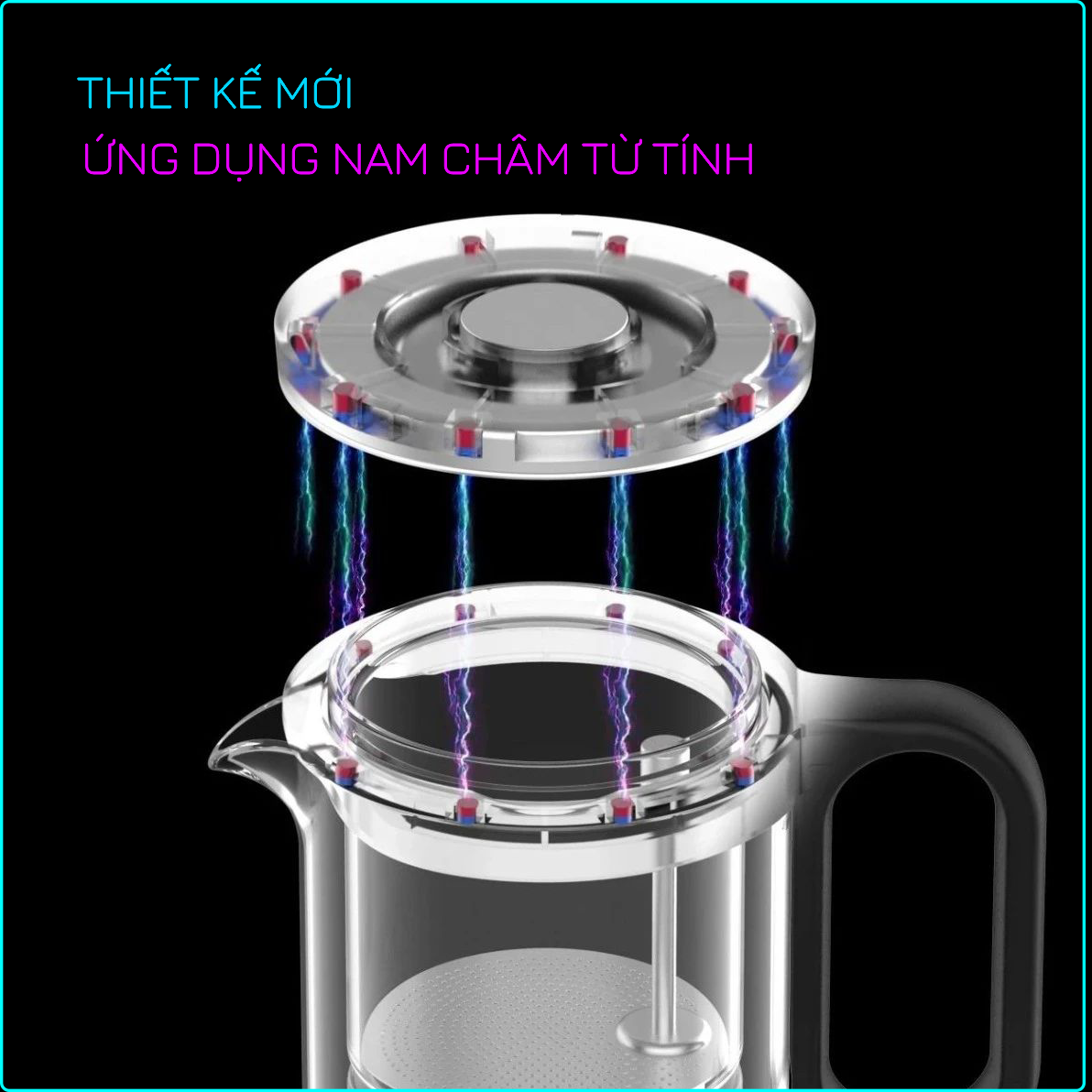 Ấm trà thủy tinh chịu nhiệt có lọc P002 - Bình lọc trà ứng dụng nam châm từ tính Magnet Application