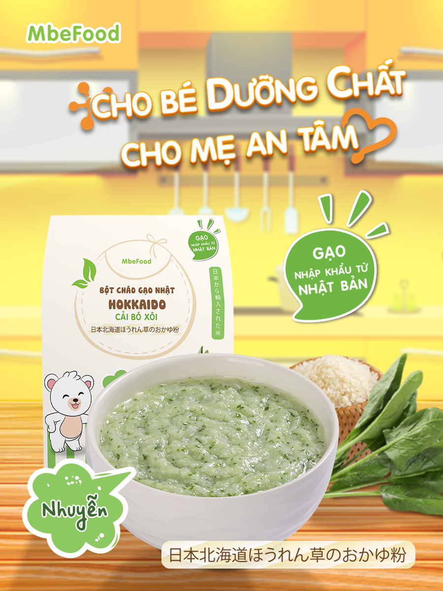 Cháo nhuyễn cho bé ăn dặm MBeFood Bột cháo gạo Nhật Hokkaido cải bó xôi cho bé ăn dặm (Hộp 4 gói x 18g)