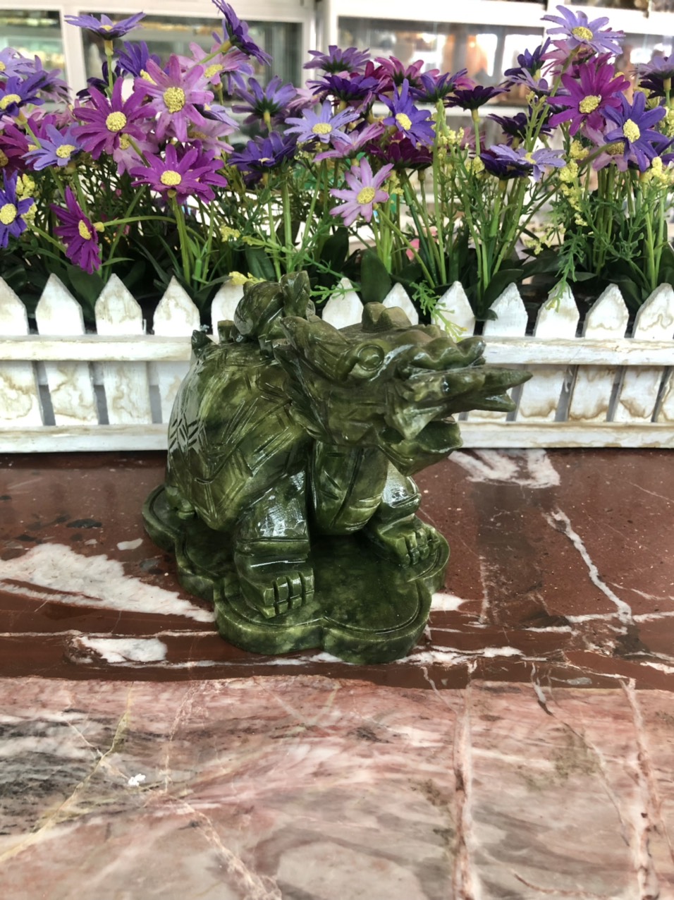 Tượng Long Quy cõng con phong thủy đá ngọc Ấn Độ - Dài 16 cm