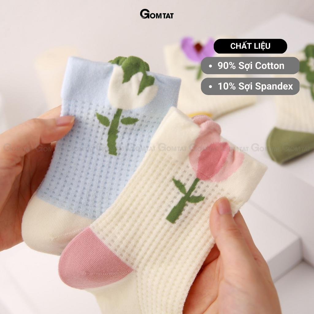 Tất nữ cổ trung họa tiết bông hoa dễ thương, vớ cổ lửng nữ chất liệu cotton cao cấp mềm mại - CAOHOA-ZHU-6002-1DOI