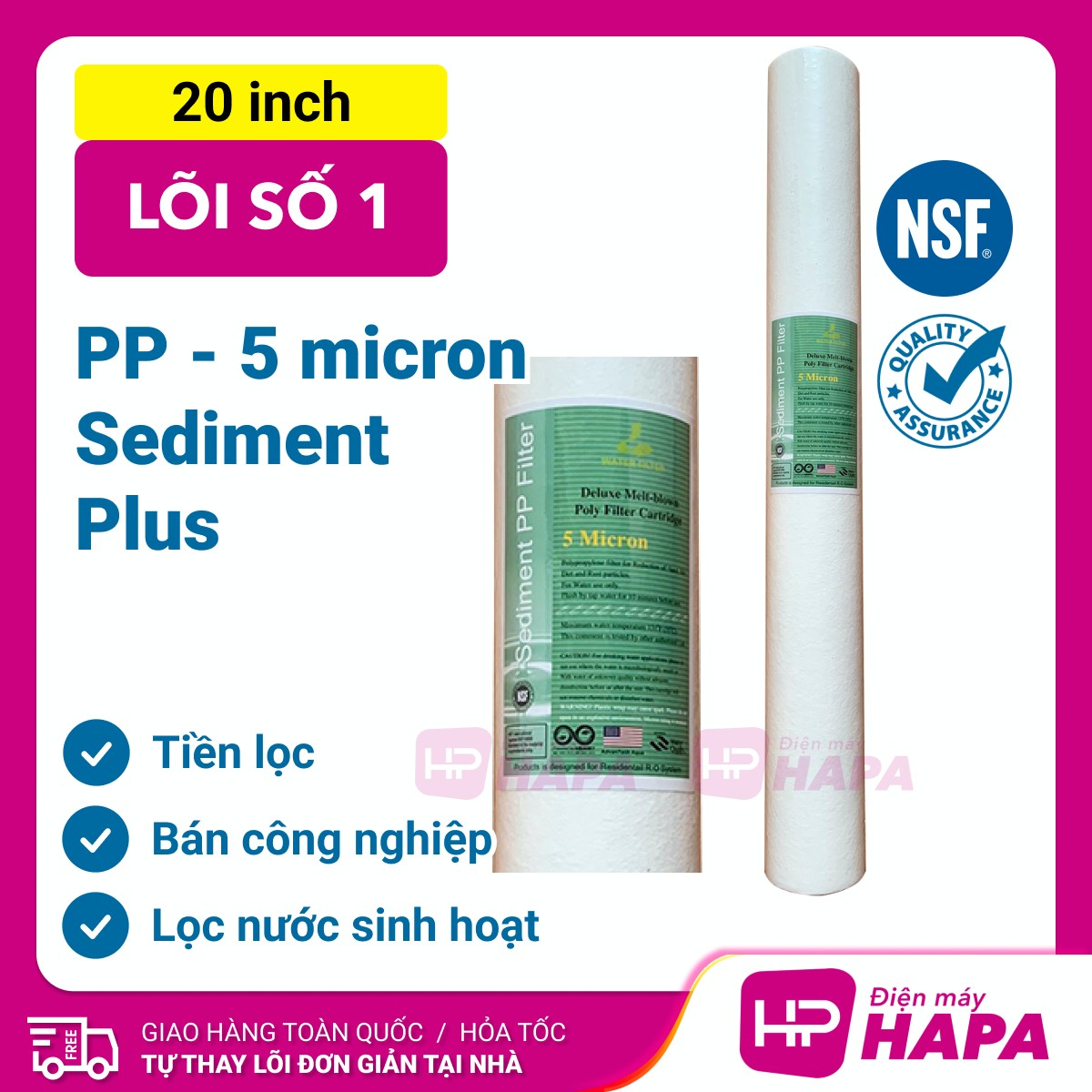 Bộ 3 Lõi Lọc Nước 20 inch 1-2-3, Lọc Thô Đầu Nguồn, Sinh Hoạt, Tiền Lọc 123 20in - Hàng Chất Lượng