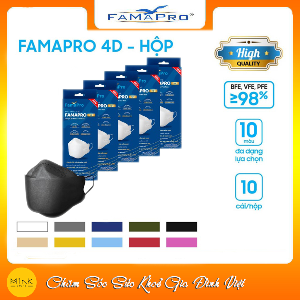 [THÙNG ĐEN - FAMAPRO 4D] - Khẩu trang y tế kháng khuẩn cao cấp Famapro 4D tiêu chuẩn KF94 (500 cái/thùng)