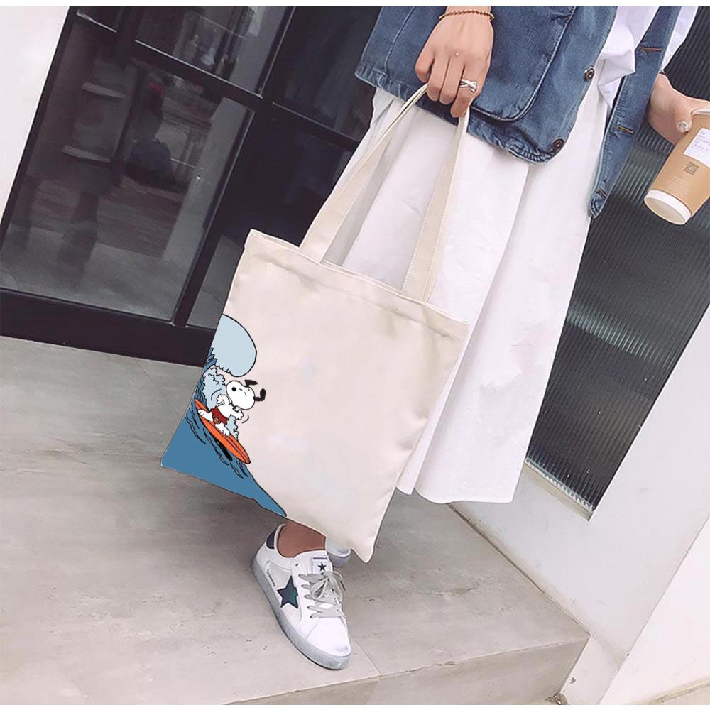 Túi tote vải mộc GINKO basic có dây kéo khóa miệng túi( có túi con bên trong) đựng vừa laptop 14 inch và nhiều đồ dùng khác in hình Snoopy and Friends M98