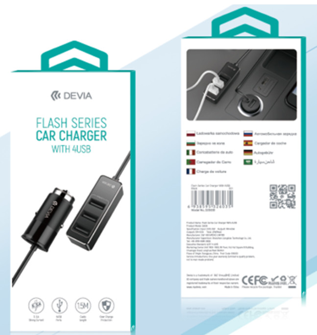 Bộ sạc xe hơi chính hãng Devia Flash Series chia 4 cổng USB