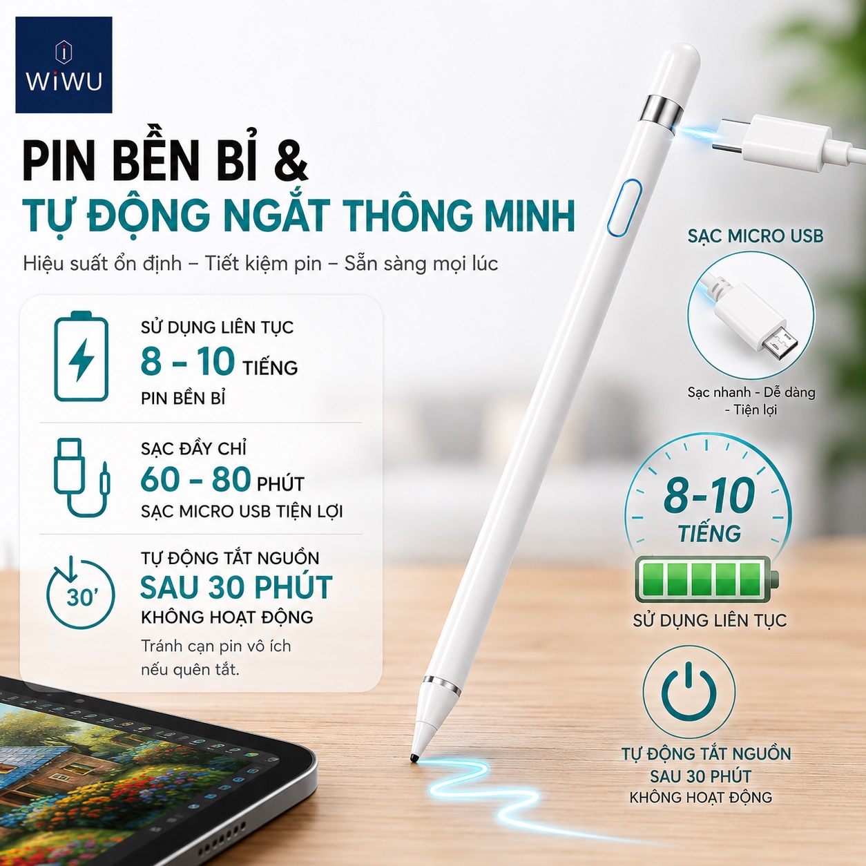 bút cảm ứng thông minh 1.45mm nét siêu mảnh tương thích iPhone iPad Androids Windows WIWU Picasso P339 Pin 10h, Bật Là Dùng - Không Cần Bluetooth, Viết Tự Nhiên, Vẽ Mượt Mà, Tương Thích Đa Thiết Bị - Hàng nhập khẩu