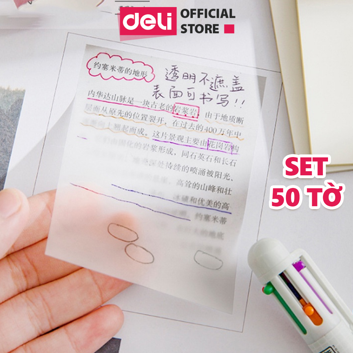 Set 50 giấy note Deli trong suốt chống nước giấy ghi nhớ ghi chú có keo dính chắc chắn cho học sinh văn phòng tiện lợi