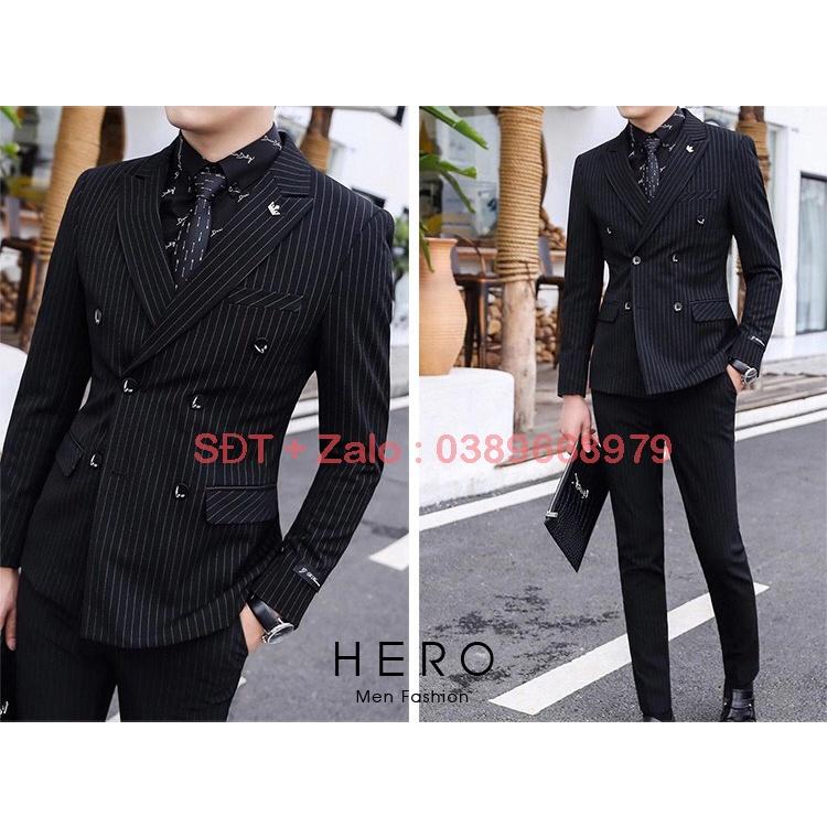 Bộ Vest Nam Cao Cấp 6 Cúc kẻ sọc màu đen, Suit Nam Hàn Quốc Kẻ Sọc, Fom Ôm Đẹp, Chất Vải Sịn