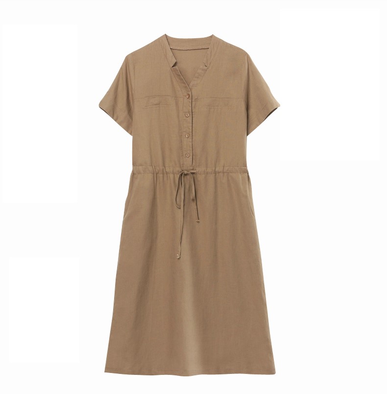 Đầm linen dáng suông cổ V 2 túi sườn, Đầm form rộng phong cách công sở Đũi Việt