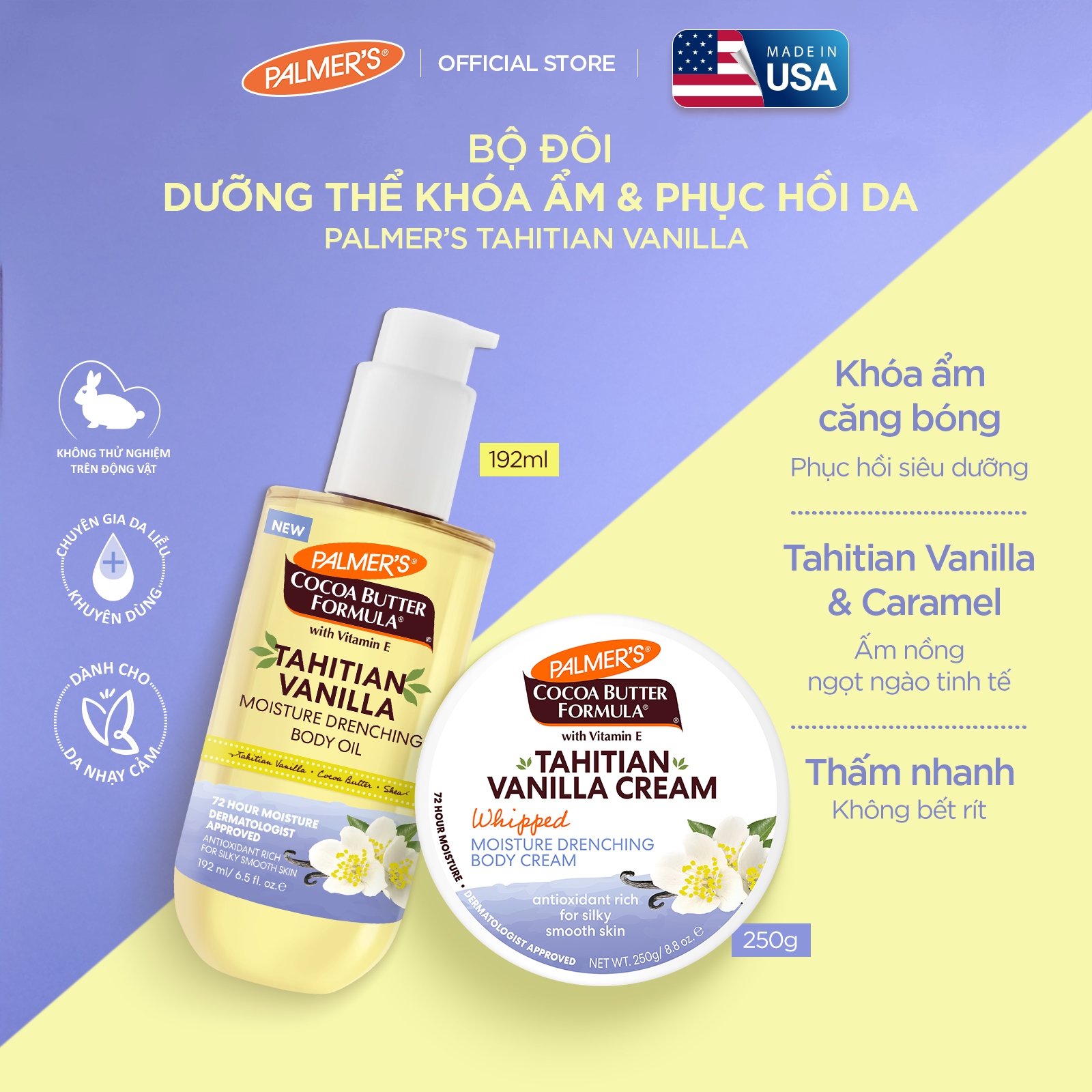 [Mới] Combo Dưỡng Thể Khóa Ẩm &amp; Phục Hồi Da Palmer's Tahitian Vanilla - Dầu Dưỡng Thể 192ml &amp; Kem Dưỡng Thể 250g