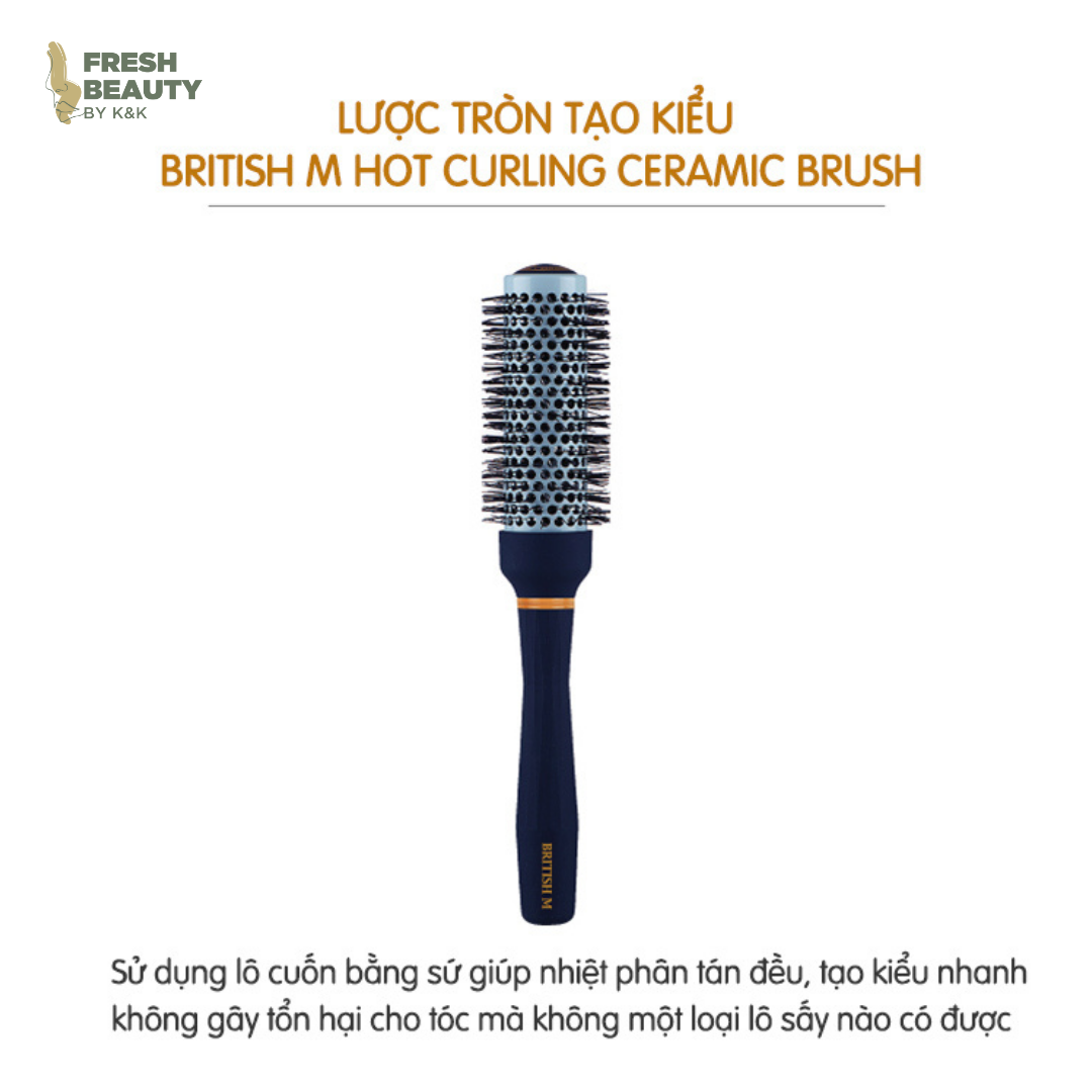Lược tròn tạo kiểu lọn xoăn, gợn sóng cho tóc ngắn BRITISH M Hot Curling Ceramic Brush 33mm