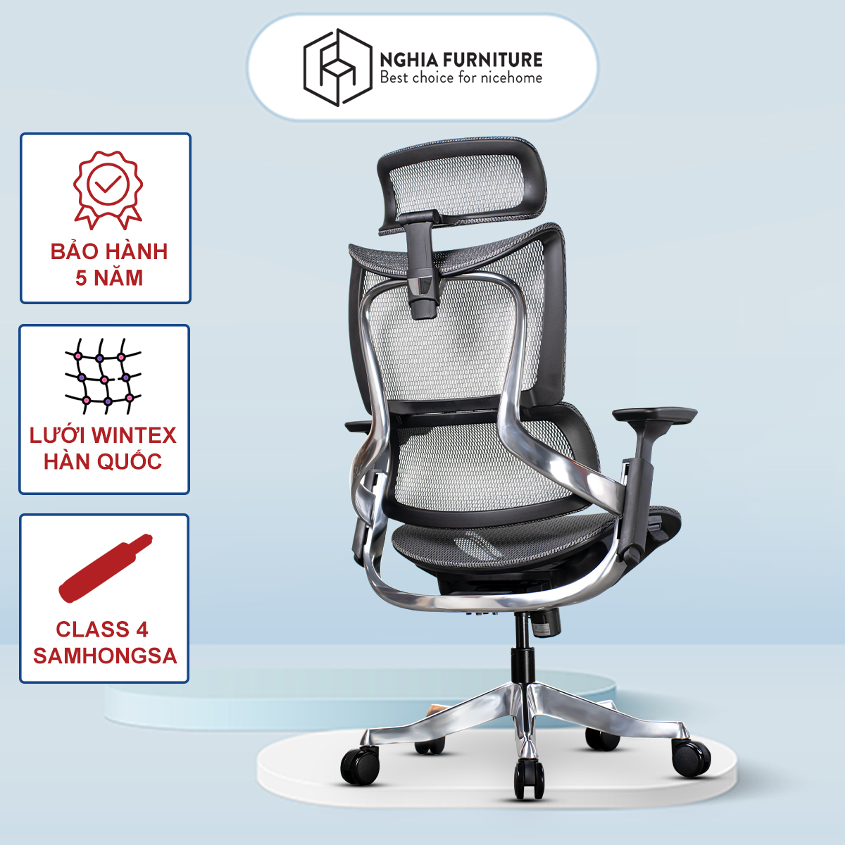 Ghế công thái học Nghia Furniture MAZA, Khung nhôm nguyên khối, lưới Wintex Hàn Quốc, Piston class 4 Samhongsa Hàn Quốc