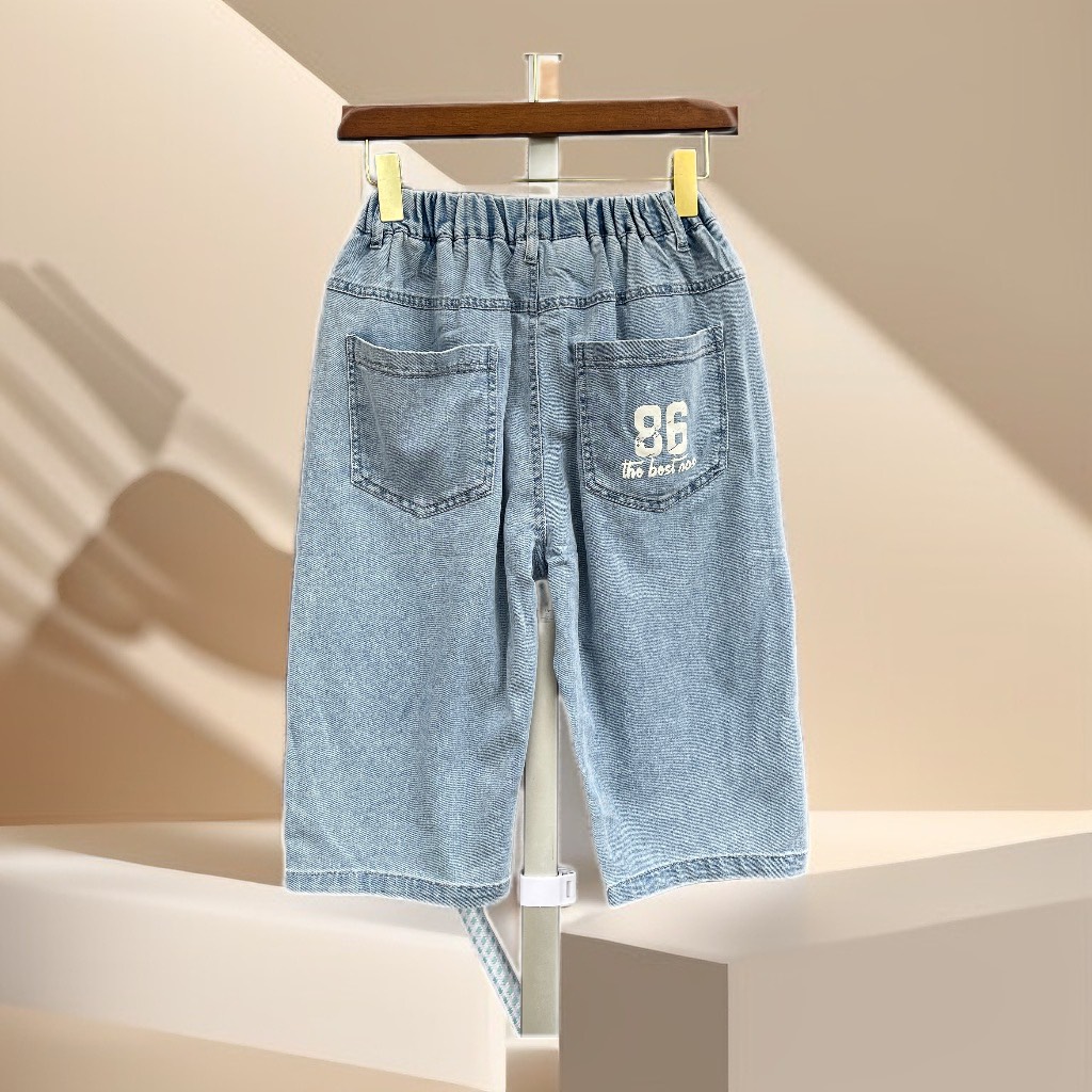 Quần bò bé trai lửng size đại, Quần jean trẻ em 14-20 tuổi in số 86 vải mềm mại khỏe khắn thời trang