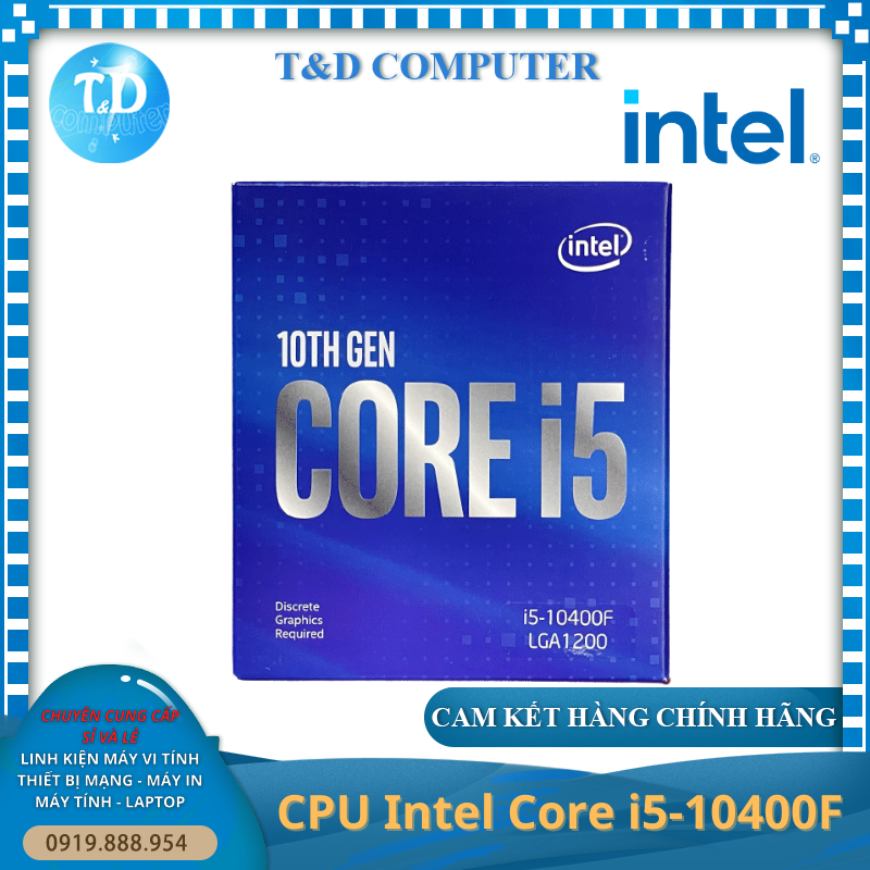 CPU Intel Core i5 10400F 2.9GHz Không GPU Socket 1200/6 nhân/12 luồng/12MB - Hàng chính hãng