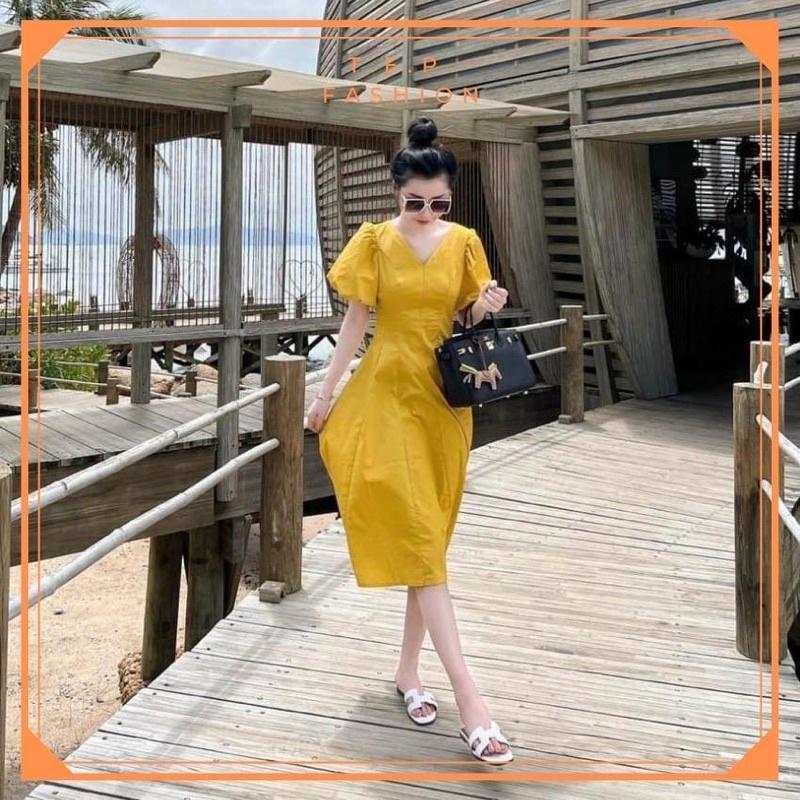 Đầm Vàng Cổ V Tay Bồng Sang Chảnh Tep Fashion - VA006