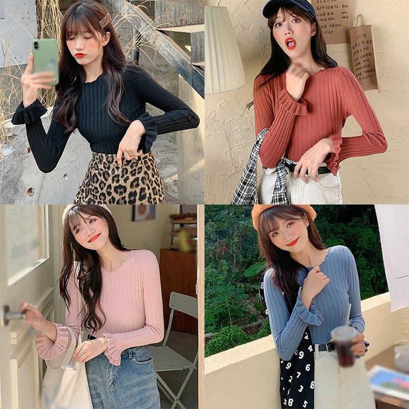 Áo Dệt Kim Tay Dài Cổ Tròn Thiết Kế Màu Trơn Thanh Lịch