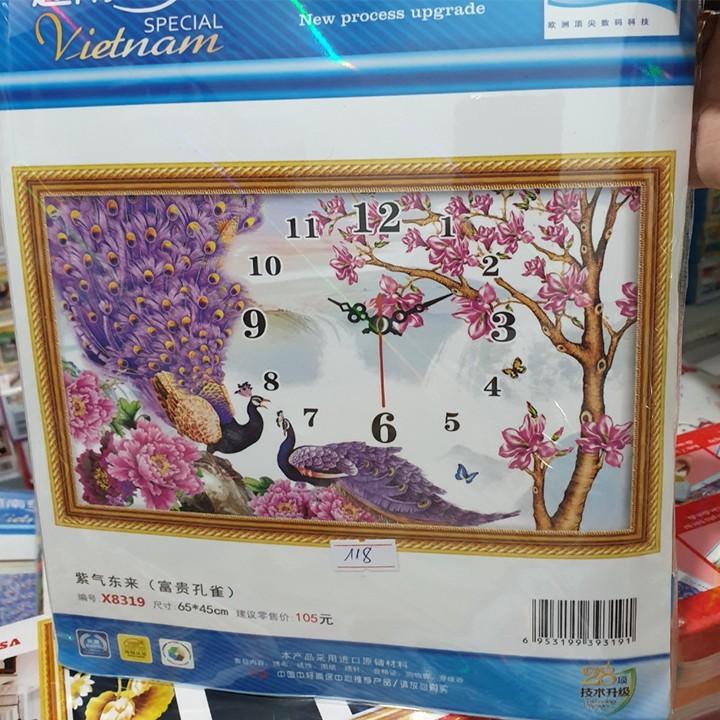 Tranh thêu công tím mẫu đơn đồng hồ X8319 - kích thước: 65 * 45cm.