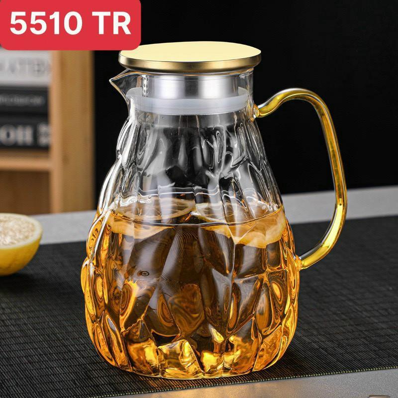 Bình Trà Thuỷ Tinh Xanh, Trắng, Vàng cao cấp, nắp inox sáng sang trọng, giao hàng nhanh