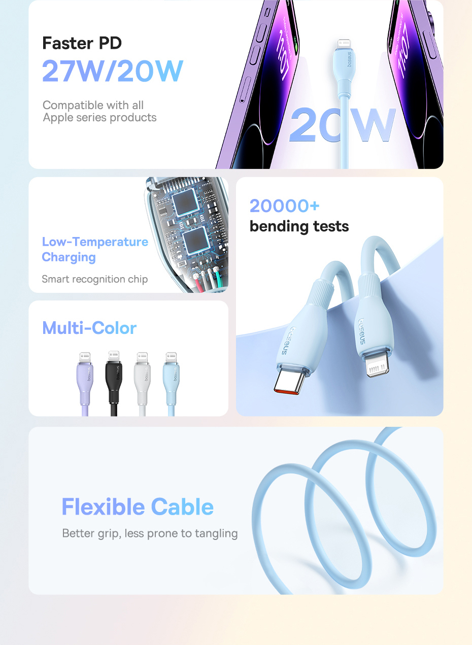 Cáp sạc nhanh, truyền dữ liệu PD 20W, Ba-se-us Pudding Series Fast Charging Cable Type C to Lai-nin PD 20W - Hàng chính hãng