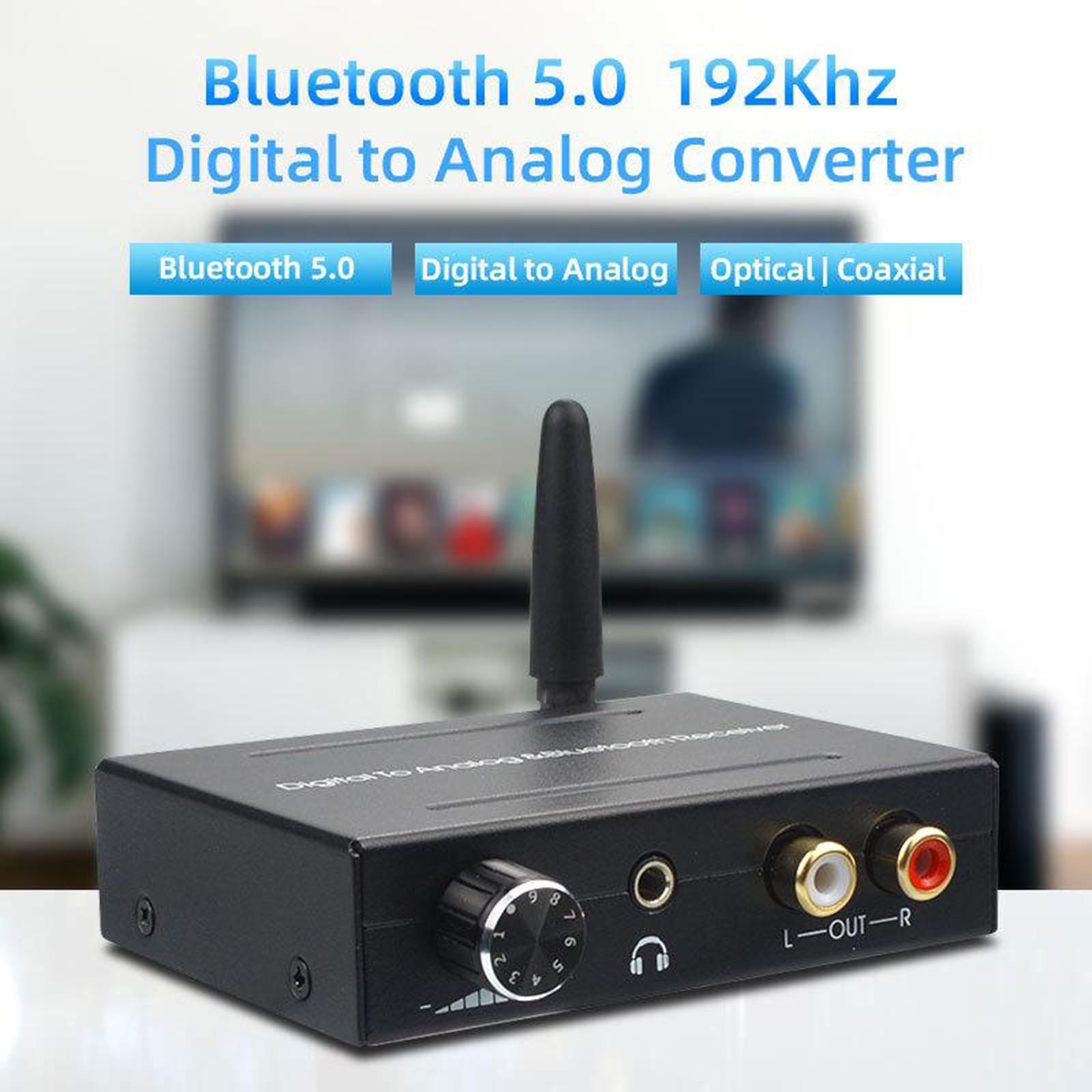 192kHz DAC Converter, Volume Adjustable, Bluetooth 5.0 Receiver, Digital Optical Coaxial to Analog Stereo Audio L/R RCA 3.5mm Jack Audio Adapter