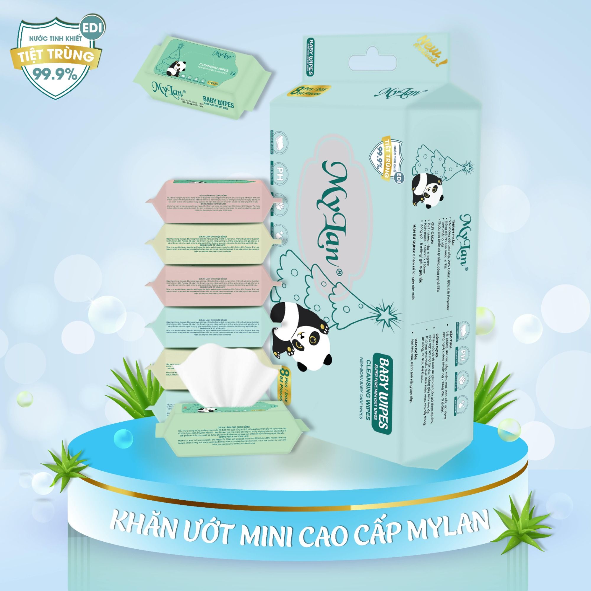 KHĂN ƯỚT MINI CAO CẤP MYLAN LỐC 8 GÓI - Quà Tặng 1 túi 8 cái