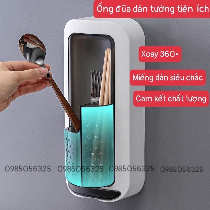 Ống đũa treo tường đựng đũa thìa dán tường xoay 360 độ có khay thoát nước, dụng cụ phòng bếp siêu tiện lợi