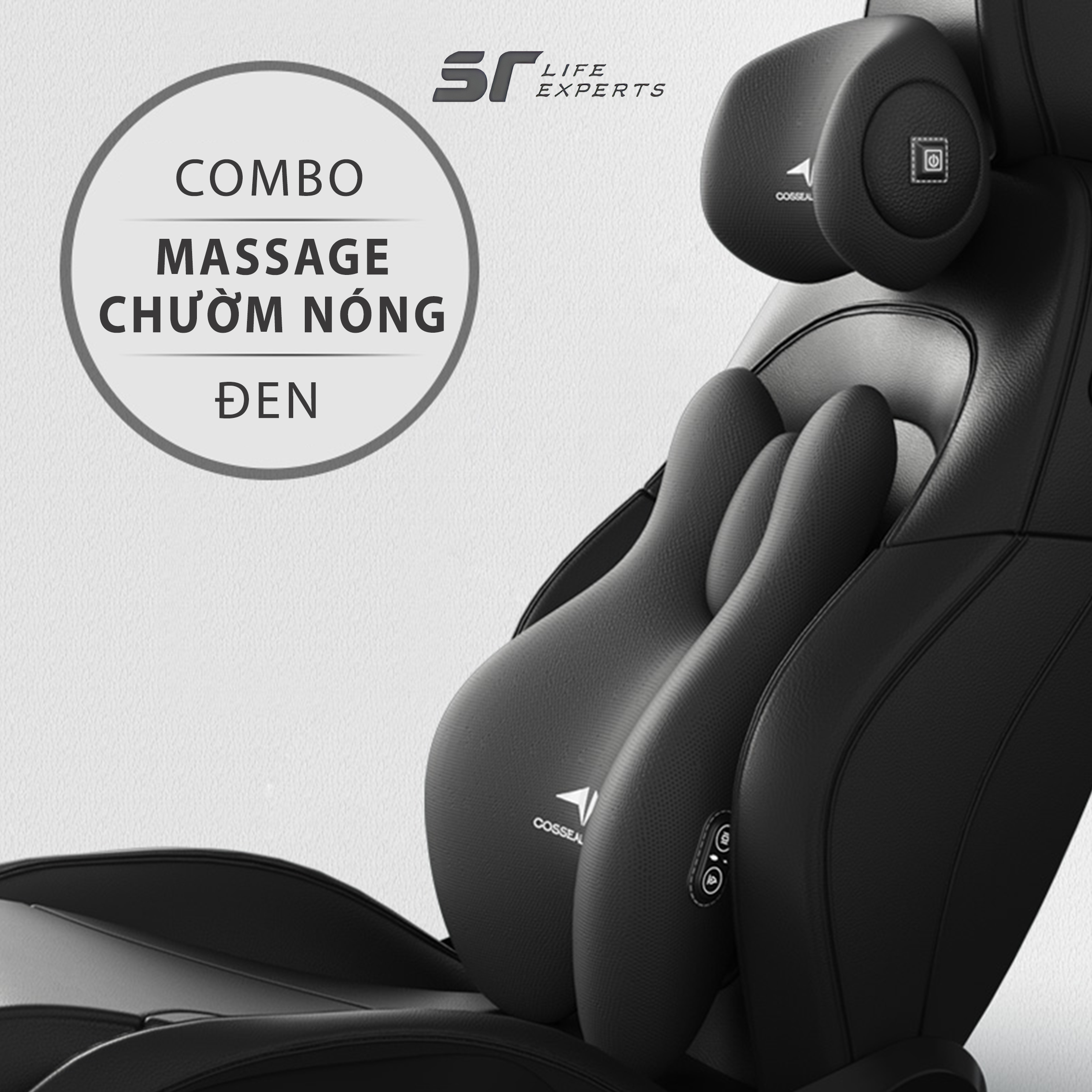 Combo Gối Tựa Đầu Và Tựa Lưng Ô Tô Tích Hợp Massage Chườm Nóng Gối Tựa Cao Su Non, Giảm Đau Mỏi Cổ Vai Cột Sống - Sairui