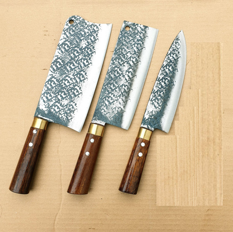 Bộ 4 dao bếp cán gỗ mun , rèn thủ công từ nhíp xe