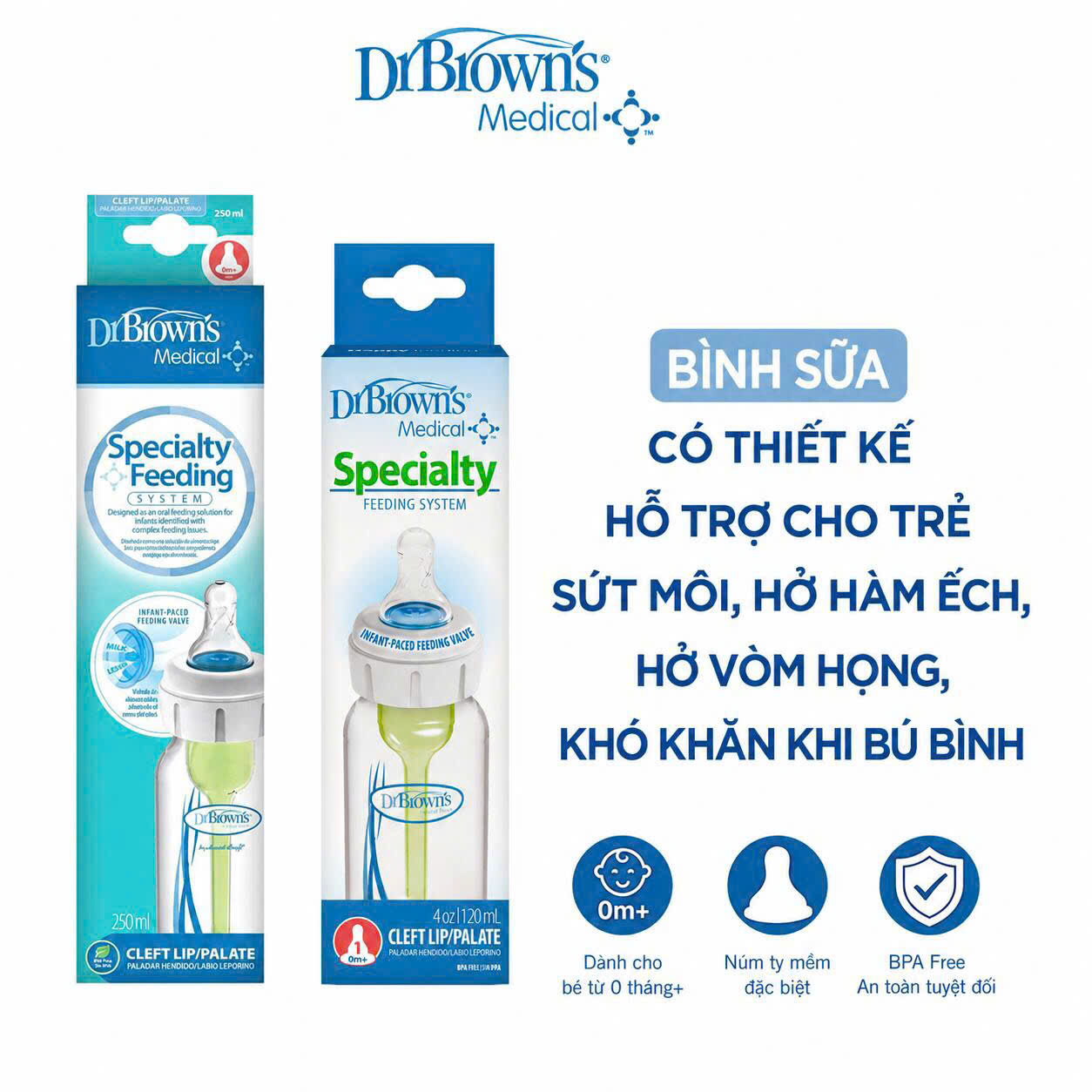 [ 417 / 815 ] Bình sữa thiết kế chuyên dùng cho trẻ sứt môi, hở hàm ếch, hở vòm họng , rối loạn chức năng oro-neuromotor, bệnh tim bẩm sinh, hội chứng phổ biến hoặc dị tật sọ, trẻ bị bệnh Down hoặc mắc bệnh về thần kinh