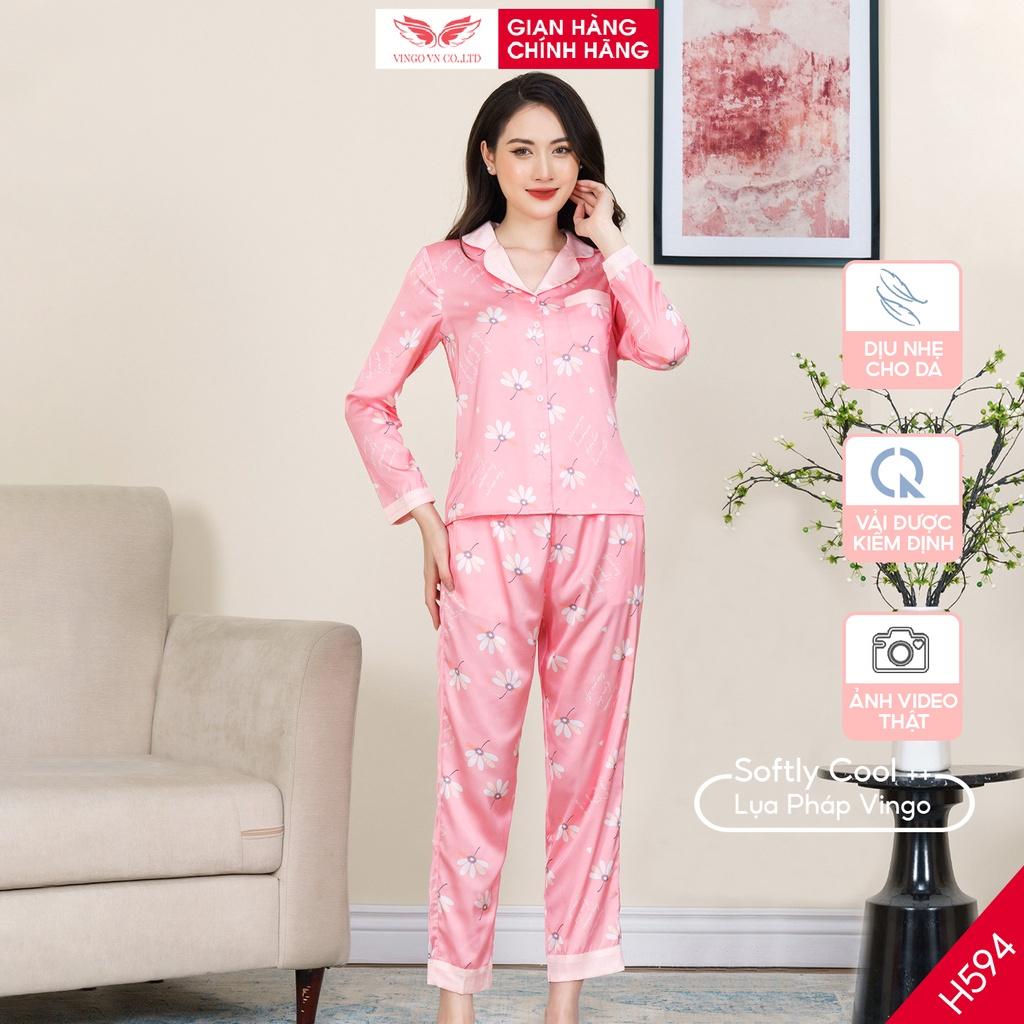 Đồ bộ ngủ nữ pijama mặc nhà VINGO Lụa Pháp mềm mịn cao cấp tay dài quần dài họa tiết hoa trắng mùa Đông H594 VNGO