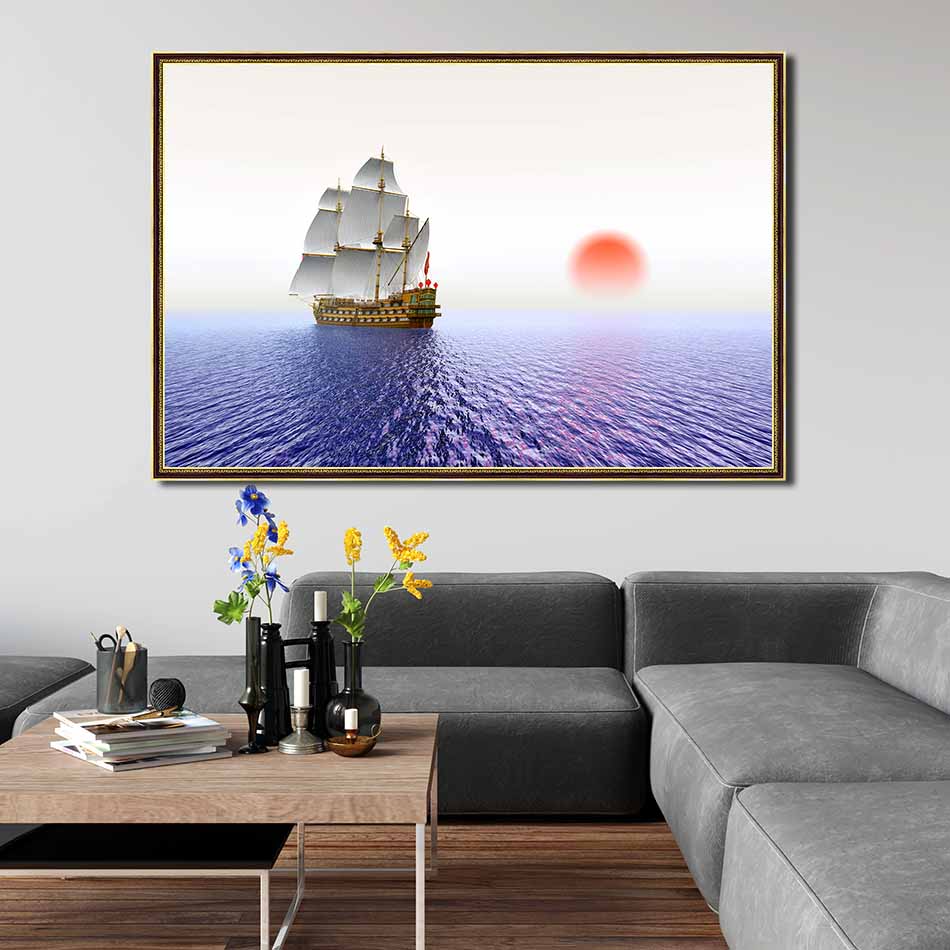 Tranh canvas phong thủy treo tường - Thuận buồm xuôi gió - TBXG007 - Khung hoa văn viền mỏng - 120x80cm