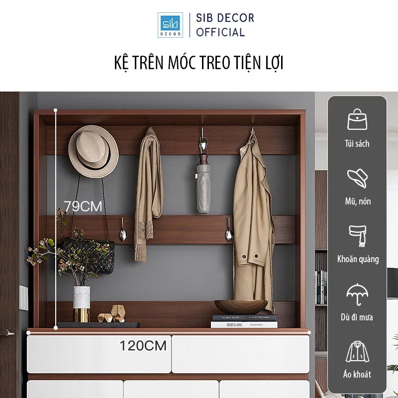 Tủ Giày Đa Năng SIB Decor Tích Hợp 6 Móc Treo Đồ Tiện Lợi, Đặt Tại Lối Vào Phòng Khách