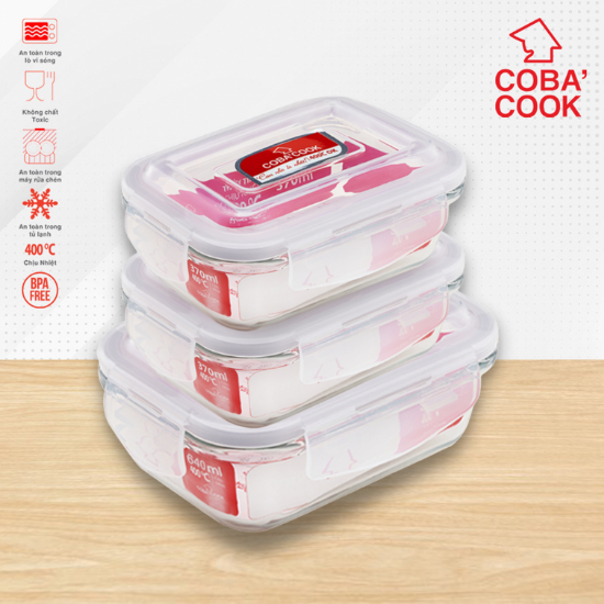 Bộ 3 hộp thủy tinh hình chữ nhật trữ thực phẩm chịu nhiệt 1 hộp 640ml 2 hộp 370ml COBA'COOK-CCL6L33