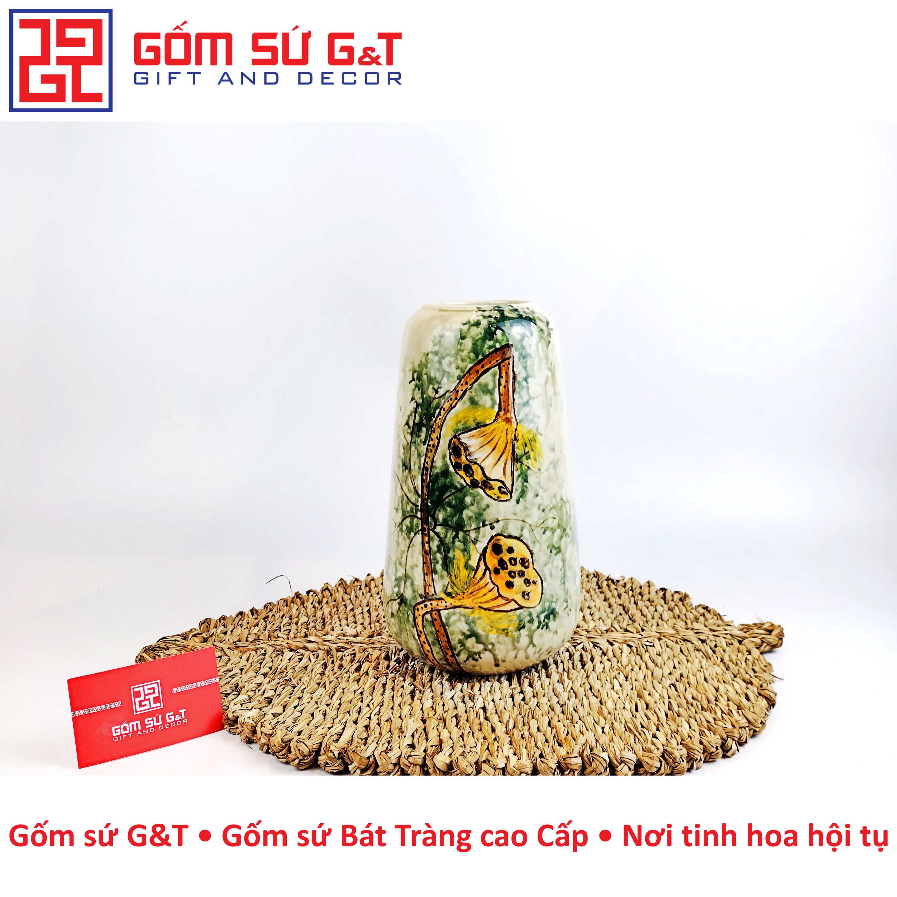 Lọ hoa dáng đu đủ vẽ đài sen Gốm Sứ G&amp;T