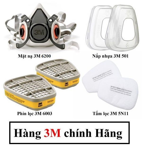 MẶT NẠ PHÒNG ĐỘC 3M 6200 VÀ PHIN LỌC 3M 6003 LỌC HÓA CHẤT/KHÍ AXIT ĐỦ BỘ BÔNG LỌC VÀ LẮP NHỰA - BẢO VỆ NGƯỜI SỬ DỤNG TRONG MÔI TRƯỜNG ĐỘC HẠI CHÀ, HÀN, HÓA CHẤT (PHÂN PHỐI CHÍNH HÃNG)