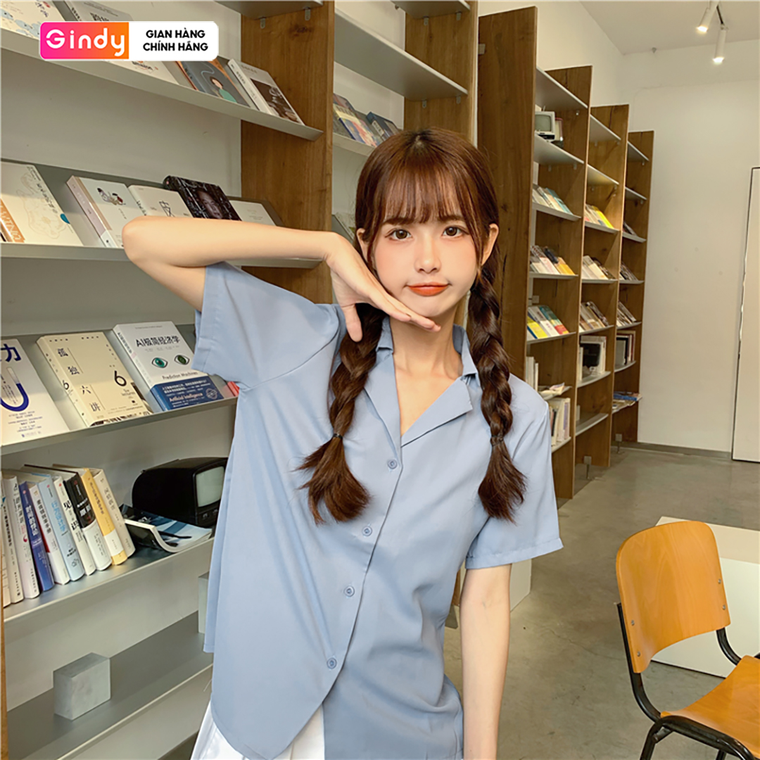 Áo sơ mi nữ trơn GINDY form rộng tay ngắn cổ vest dáng suông nhiều màu sơmi kiểu Hàn Quốc A5145