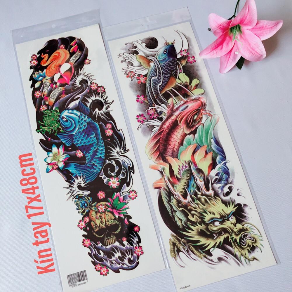 Combo 2 tấm hình xăm dán tattoo kín tay 17x48cm CÁ CHÉP XANH, ĐỎ VÀ RỒNG VÀNG