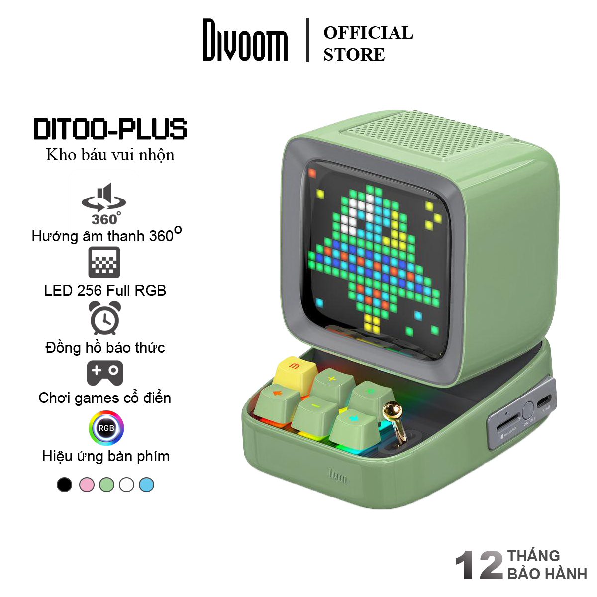 Loa bluetooth Divoom Ditoo Plus 10W – Hình dáng máy tính cổ, màn hình LED 256 Full RGB, tích hợp nhiều tính năng trên app Divoom – HÀNG CHÍNH HÃNG – Xanh lá