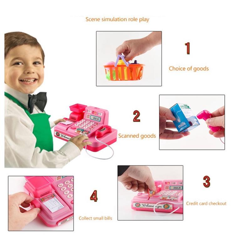 Đồ chơi máy tính tiền siêu thị cho bé Dùng pin,có đèn,âm thanh, màu hồng