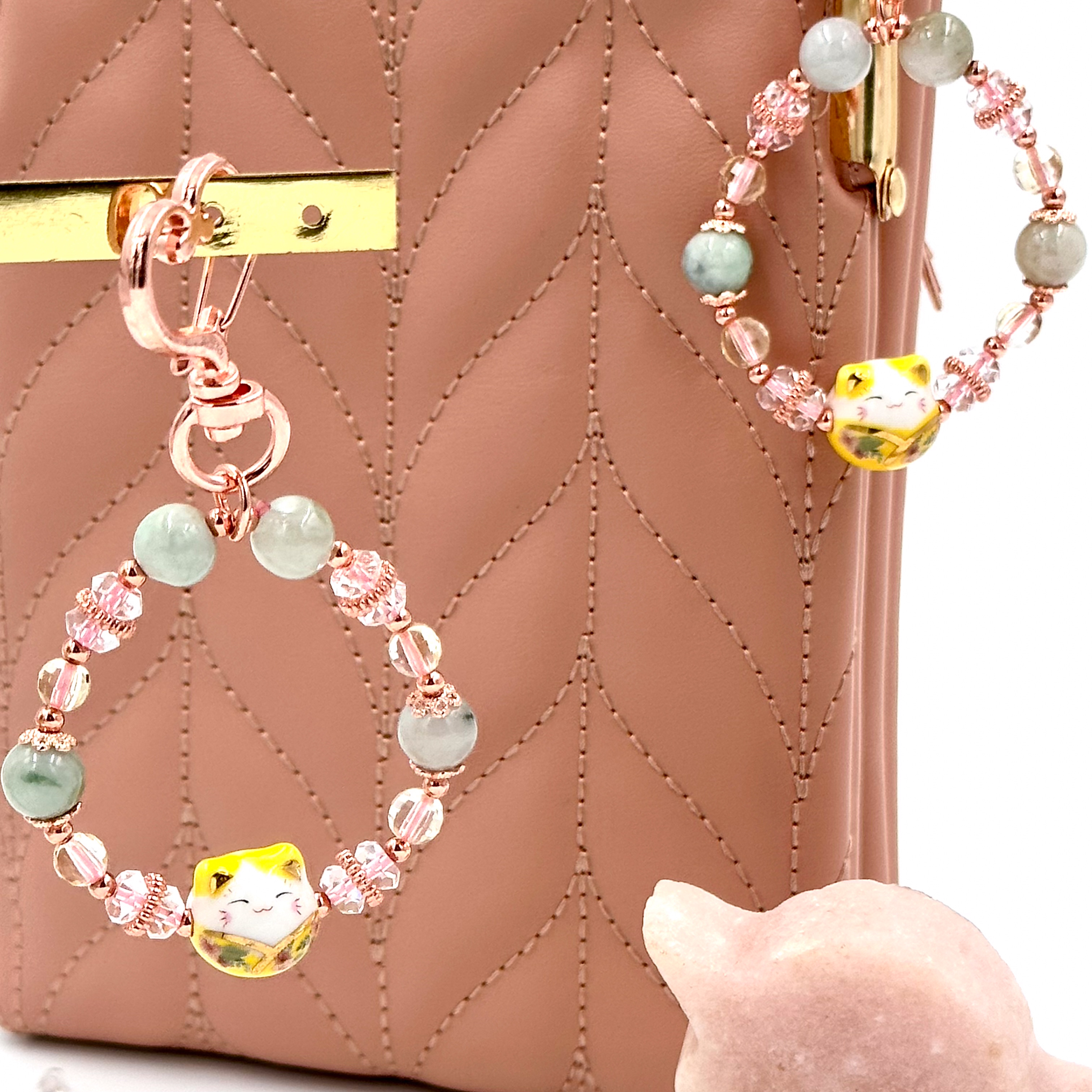 CRZ Bag Charm - Phụ Kiện - Yellow Porcelain Cat With Jadeite and Citrine - Móc Khóa Vòng Tay Đá Ngọc Bích và Thạch Anh Vàng Kèm 1 Charm Hình Mèo Gốm