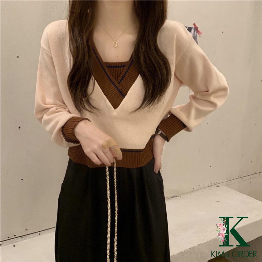 Áo Len Nữ Croptop Cổ Chữ V Màu Xanh Đen Trắng Be Xám Dài Tay Phong Cách Ulzzang Hàn Quốc Loại Đẹp Hàng Quảng Châu