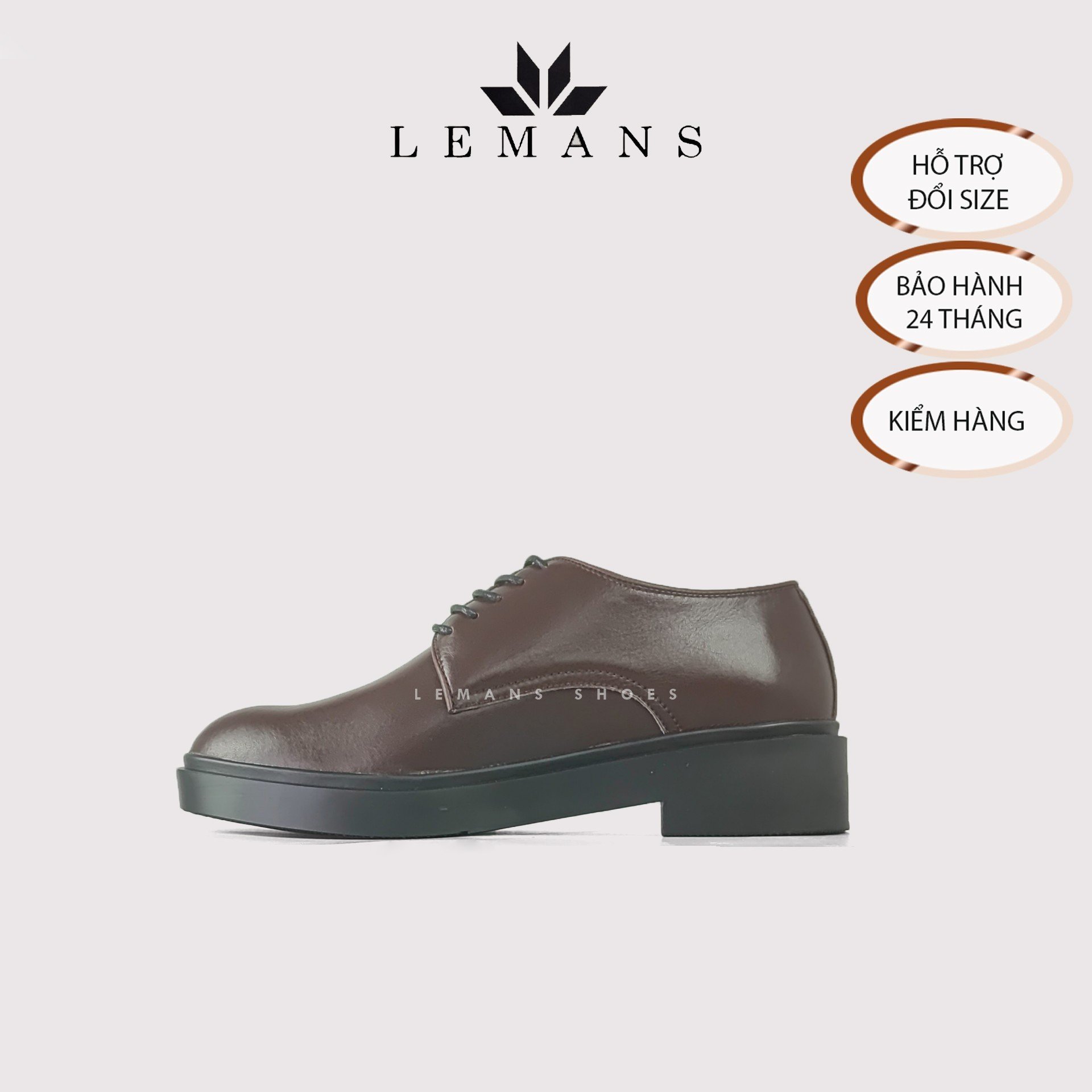 Giày tây Modern Derby Brown - LEMANS, da bò nguyên tấm, đế tăng chiều cao 4cm, bảo hành 24 tháng