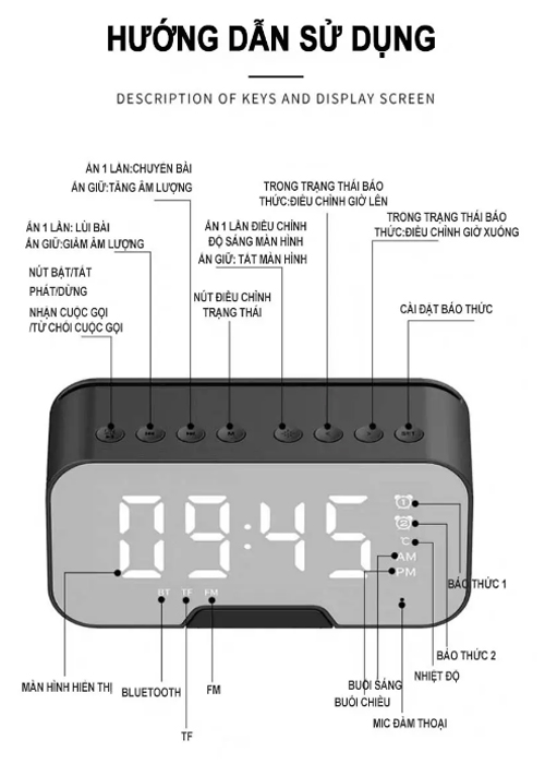 Loa bluetooth kiêm đồng hồ,mặt gương, tiện lợi mini, 2 đồng hồ báo thức, hiển thị nhiệt độ, dung lượng pin lớn, chất lượng âm thanh cao