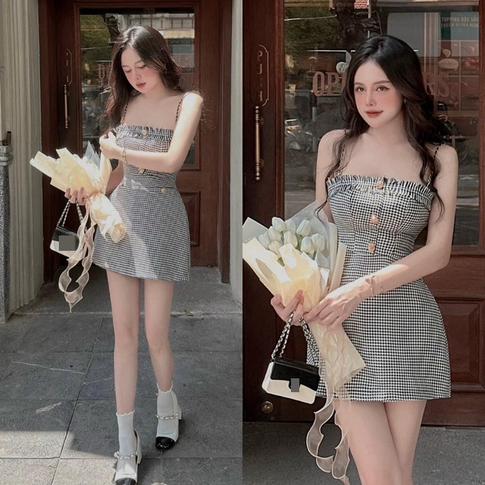 ĐẦM 2 DÂY CỔ U ÔM BODY CARO ĐEN VÁY NGẮN SUÔNG XÒE CHỮ A ĐI CHƠI NOEL ĐI TIỆC DẠO PHỐ ĐI BIỂN