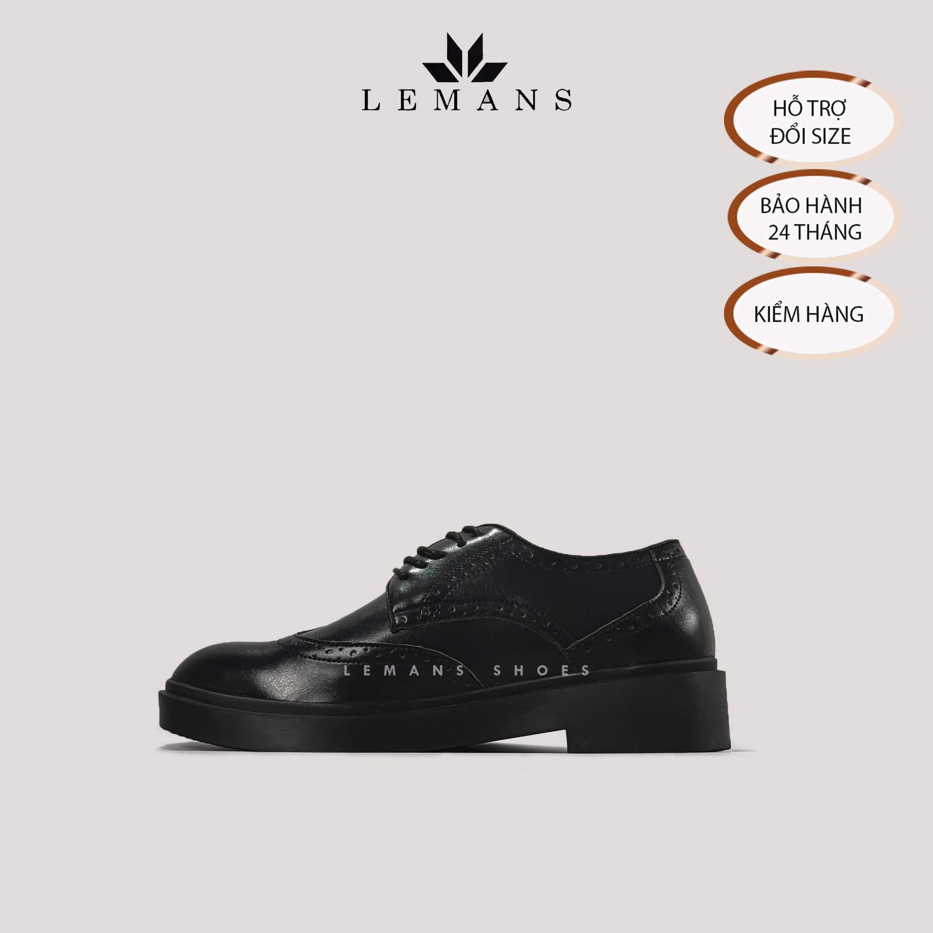 Giày da bò Derby Wingtip LEMANS Black, đế tăng cao lemans 4cm, hoạt tiết cánh bướm, Bảo Hành 12-24 Tháng