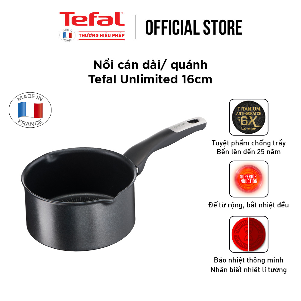 Nồi cán dài chống dính đáy từ Tefal Unlimited 16cm, dùng cho mọi loại bếp- Sản xuất tại Pháp- Hàng chính hãng
