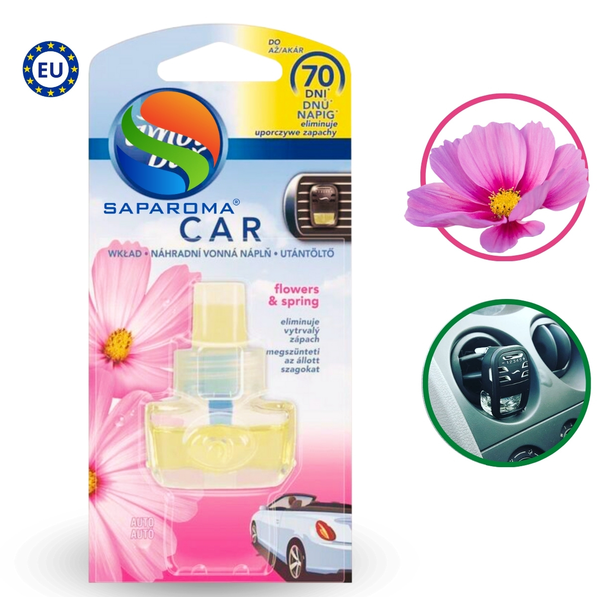 Lọ tinh dầu thơm ô tô Ambi Pur 7ml Flowers &amp; Spring - hoa mùa xuân, cài cửa gió, hỗ trợ khử mùi, nhập khẩu Châu Âu