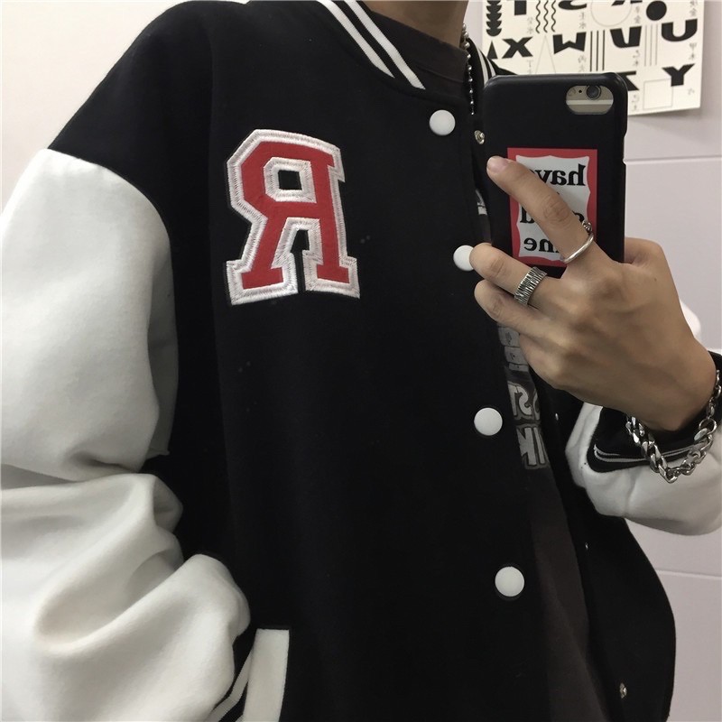 AK012 Áo bomber R 2 màu xanh đen tay trắng unisex dáng rộng, áo khoác nam nữ mùa đông form to tay bo cúc bấm cá tính