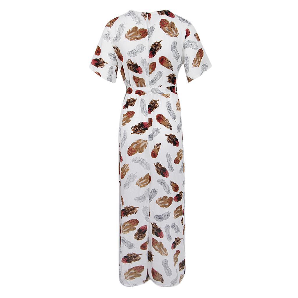 Women's Floral Split Long Dresses Summer Print Beach Holiday Maxi Dress Tea Dress with Waist Belt