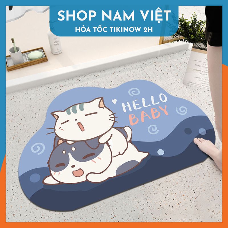 Thảm Chùi Chân 4 Lớp Siêu Thấm Hút - Họa Tiết Hoạt Hình - Chính Hãng Navivu - Đôi Mèo Hello Baby