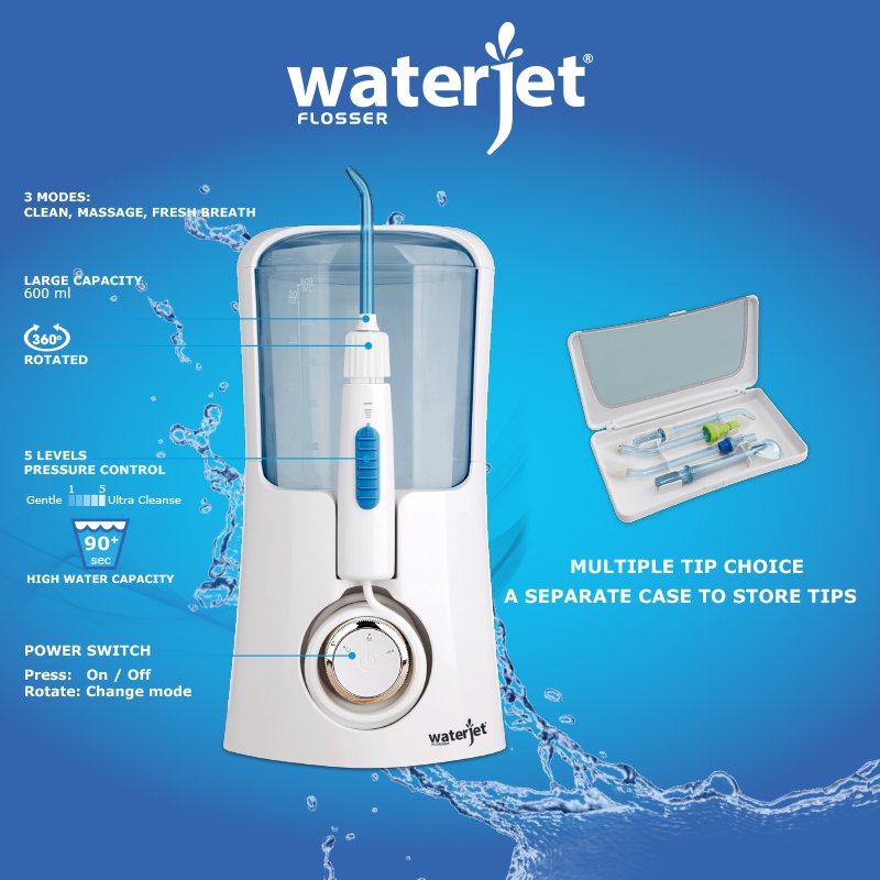 Máy tăm nước cá nhân WaterJet Flosser Slim (4 đầu tăm, dùng được cho người niềng răng, có đầu cạo lưỡi)